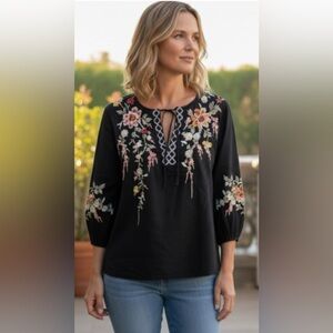 JOHNNY WAS Black Linen Embroidered Boho Peasant Blouse Top M-L